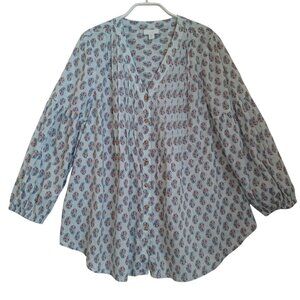 J Jill Blouse Block Print Blue Paisley Long Sleeve Pleat Tunic Womens Small Tall